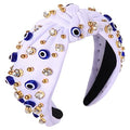 mokkia Knotted Headband for Women Evil Eye Headbands Beaded Rhinestone Crystal Knotted Headbands Sparkly Bejeweled Embellished Top Knot Headband Summer Fashion Hair Accessory (White)