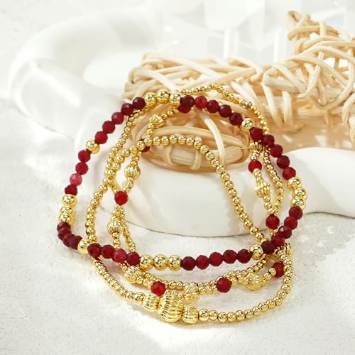 Dainty 14K Gold Lantern Beaded Bracelets Stack for Women,4PCS Colorful Glass Beads Stretch Stackable Bracelets Set Fashion Prom Jewelry Gift Friendship - color: Red