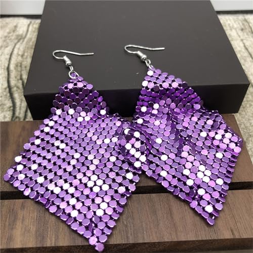 coadipress Metal Mesh Grid Sequins Tassel Long Drop Dangle Earrings for Women Trendy Lightweight Charms Disco Vintage Colorful Long Hook Earrings Bridal Wedding Jewelry - color: Purple