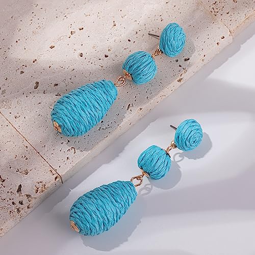 Boho Raffia Earrings Statement Dangle Earrings Cute Teardrop Ball Earrings Colorful Summer Jewelry Handmade Rattan Earrings for Women - color: Blue