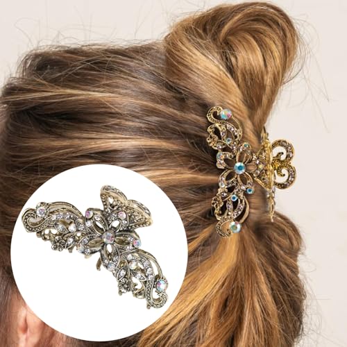 Fancy Hair Claw Jaw Clips Pins For Womens, Vintage Rhinestone Crystal Flowers Hair Barrette for Thick Hair Accessories White Silver - color: gold