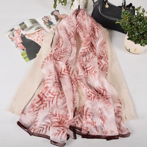 100% Mulberry Silk Women's Neck Silk Scarf-Lightweight Shawl,FLoral Print Beach Silk Wrap-Scarves for Photography - color: Burgundy Leaves
