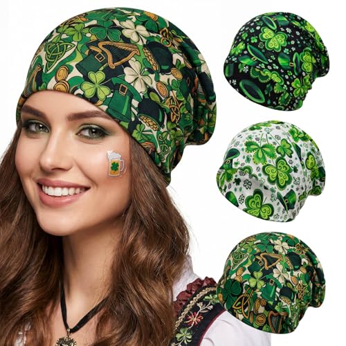 Bohend Bohemian Beanie Hats Headwear Cap Stretch Non Slip Bandanas Sleep Turbans Hats for Women Men Close top Head Covering - style: Shamrock