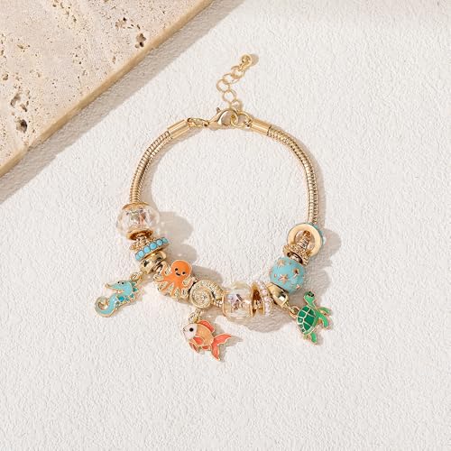 Madison Tyler Beach Bracelet for Women | Seahorse Octopus Tropical Fish Sea Turtle Shell Conch Beaded Charm Bracelet | Cute Gold Plated Adjustable Snake Chain Bracelet - style: Seahorse Octopus Tropical Fish Sea Turtle Shell