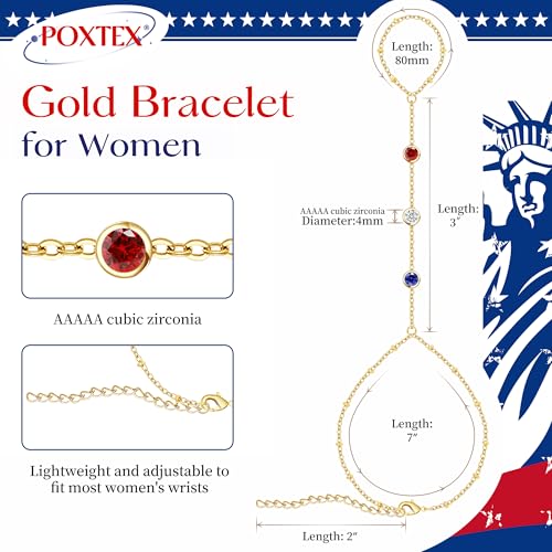 Poxtex Waterproof 14K Gold Plated Hand Chain Bracelet for Women, Non Tarnish Hypoallergenic Beaded Finger Ring Bracelet with Cubic Zirconia, Dainty Minimalist Boho Indian Style Stackable Wrist Body Jewelry for Summer Festival Vacation - color: Red/White/B