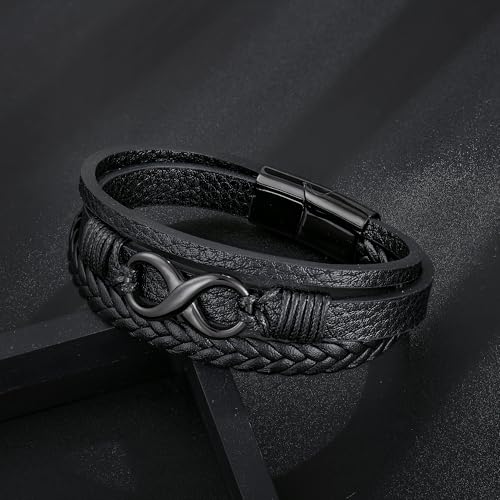 Men's Leather Infinity Bracelet Stainless Steel Number 8 Wristband Cuff Bangle Bracelets Gifts for Men, 8.3 & 9.1 inches - color: 03.Three-layers leather & black infinity, size: 8.3inch(Fits most wrists.)