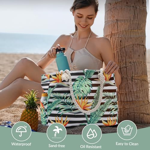 Clothirily Beach Bag for Women - Large Beach Tote Bag, Waterproof Sandproof Beach Bag with Zipper, Large Swim Pool Beach Tote - color: Leaf Stripe
