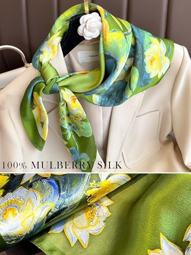 100% Mulberry Silk Scarf for Women Hair Lightweight Square Neckerchief Wrap For Head Scarves 21" - color: 14-green Oil Flowers /21"*21"