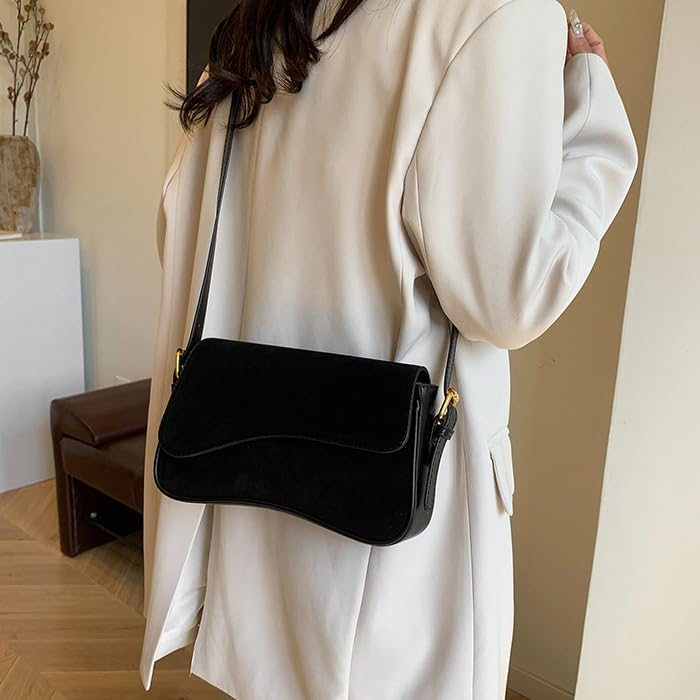 Women's Shoulder Bag Suede Handbag Underarm Purse Tote Bag Brown Suede Purse Y2K Crossbody Bag with Removable Strap - color: Black