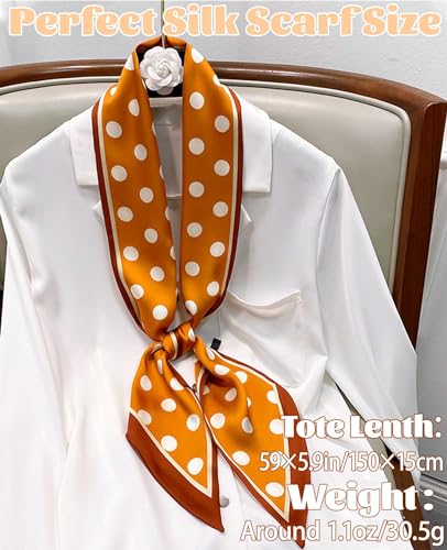 kcctoo 59" Mulberry Silk Like Head Scarf Women's Fashion Square Neck Satin Scarfs for Bag Hair Scarves Gift 59 * 5.9” - color: A001-orange White Spots /59"x5.9"