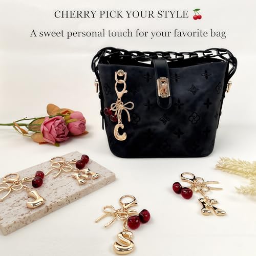 Cute Initial Cherry, Bow, Heart & More Styles - Personalized Keychain Bag Charms & Purse Accessories for Handbags - color: Red Cherry, style: C