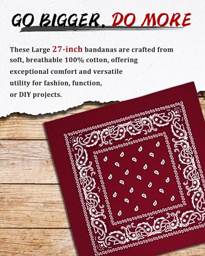 Bycc Bynn Large 27" x 27" 100% Cotton Bandanas - Set of 4 - color: Burgundy+white+black+army Green