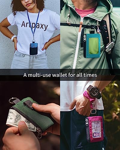 Artpaxy Minimalist Wallet For Mens Womens, Keychain RFID Blocking Zipper Small Wallet with ID Window 2 Lanyards,Water Resistant Travel Cash Card Coin Case Boys Girls - color: Light pink+Grey, style: Classic