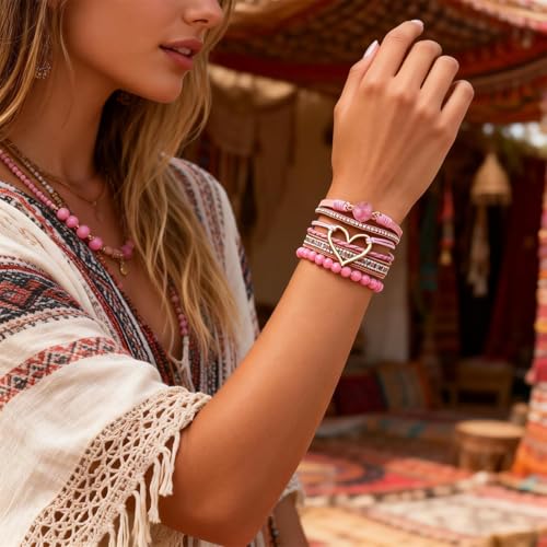 Long tiantian Leather Bracelets for Women Warp Bracelet Stackable Boho Layered Bracelet Chunky Heart Trendy Birthday Gifts for Her - color: B32:Boho Bracelets for Women Stackable(Pink)
