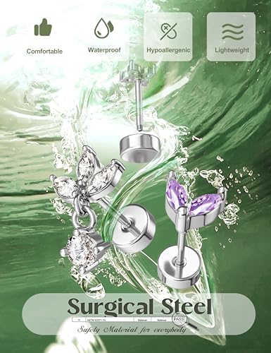 ORAZIO 16 Gauge Cartilage Earrings for Women Flat Back Hypoallergenic Surgical Steel Small Flatback Stud Hoop Cartilage Earring Stack Set Daith Conch Tragus Helix Piercing Jewelry Single PC - color: Silver Plated+Purple CZ