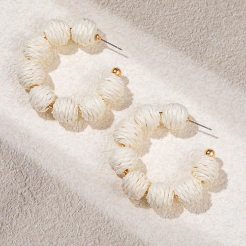 Raffia Hoop Earrings Statement Boho Beaded Earrings Cute Rattan Handmade Colorful Jewelry for Women Unique Summer Outfits - color: Ivory