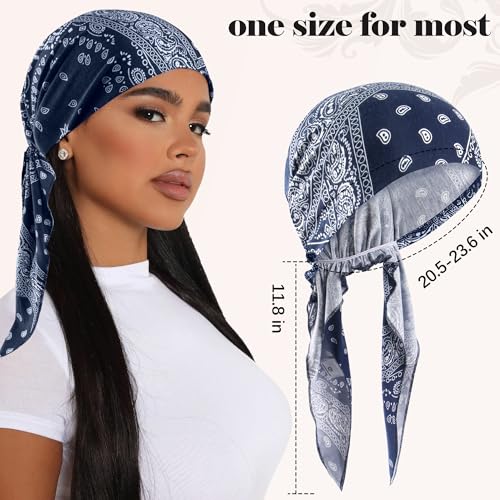 Ababalaya Chemo Headwear for Women Softer Headcover with Longer Tails, Breathable Skull Cap Non-Slip Sleep Beanie - color: Bluepaisley