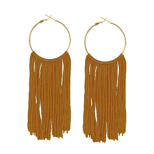 Boho Long Tassel Dangle Earrings for Women Lightweight Circle Hoop Silky Thread Fringe Drop Statemen Earrings - color: dark yellow