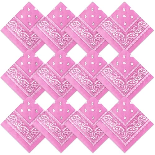 Suhine 12 Pcs Bandanas Bulk for Women Men 22 x 22 Inch Paisley Headband Cowboy Handkerchief Summer Beach Party Costume - color: Pink