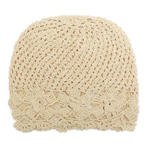 ZLYC Women Cotton Crochet Slouchy Beanie Hat Handmade Knit Summer Skull Cap - color: Flowers Beige