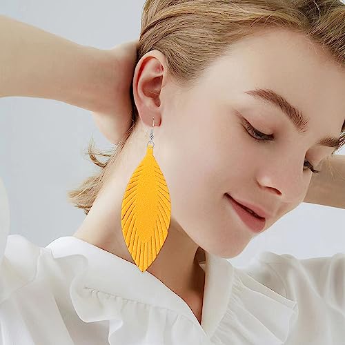 Large Genuine Soft leaf Leather Handmade Fringe Tassel Feather Lightweight Tear Drop Dangle Color Earrings for Women - color: Yellow