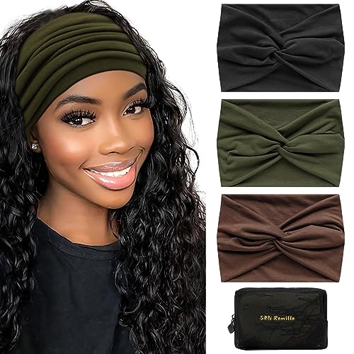 S&N Remille Wide Headbands for Women, Large Hairband, Elastic Non-Slip Headband Twist Knotted Accessories, Yoga Workout Vintage Hair 3 Pack (Colour-7) - color: Colour-7