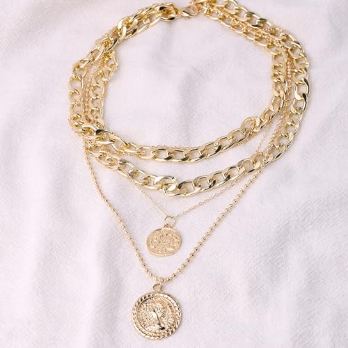 Gold Stack Necklace Chunky Necklaces for Women Trendy Coin Pendant Long Necklaces Western Jewelry for Women Cowgirl Cowboy Chic Country Outfit Boho Accessories Birthday Jewelry Gifts - color: F Gold Layered Chunky Necklaces
