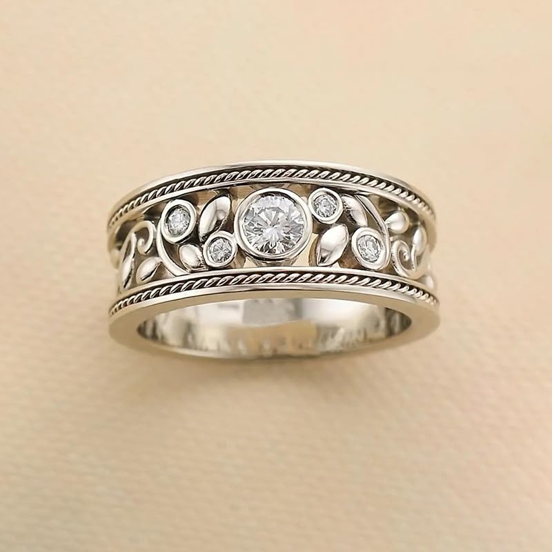 Gixaxak Vintage Eternity Silver CZ Ring Hollow Design Flower Scroll Promise Ring Band Wide 925 Sterling Silver Eternity Statement Stackable Wedding Engagement Bands Gift for Women 7 - size: 7