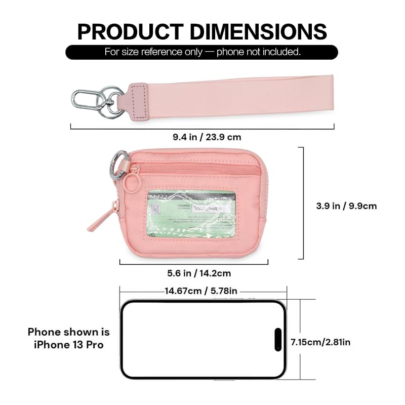 Wristlet Wallet for Women Mini Zip Card Case with Clear ID Window Zipper Coin Purse Lightweight Portable Keychain Wallet - color: Pink