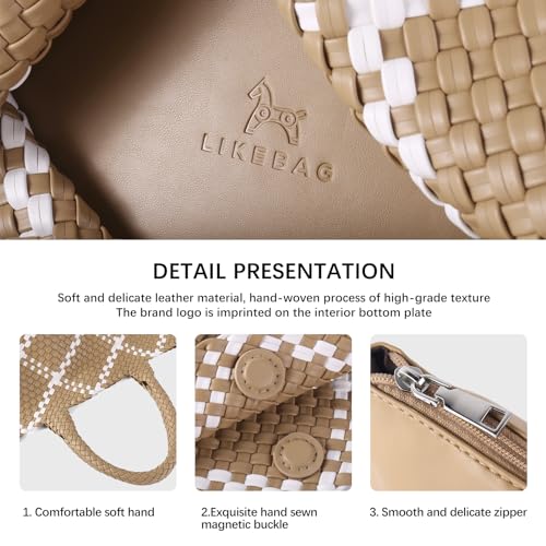 Woven Tote Bag Womens Purse Vegan Leather Shoulder Handbags Fashion Summer Beach Tote Bags Large Travel Totes - color: Apricot-w
