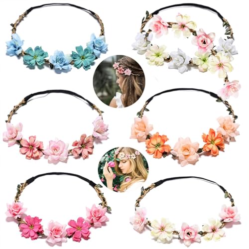 Crown for Girls & Women, Pink Headband & Headpiece for Weddings, Bridesmaids, Flower Girls, Tea Party, Bavarian Festival, Boho Floral Hair Accessories, 6 PCS
