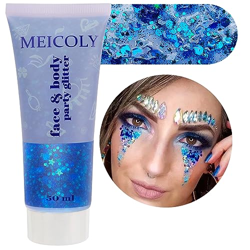 MEICOLY 50ml Holographic Blue Face Glitter Gel,4th of July Body Glitter Outfits for Women,Self-Adhesive Waterproof USA Flag Hair Glitter Makeup for Independence Day Rave Memorial Day 250th Anniversary - color: blue body glitter