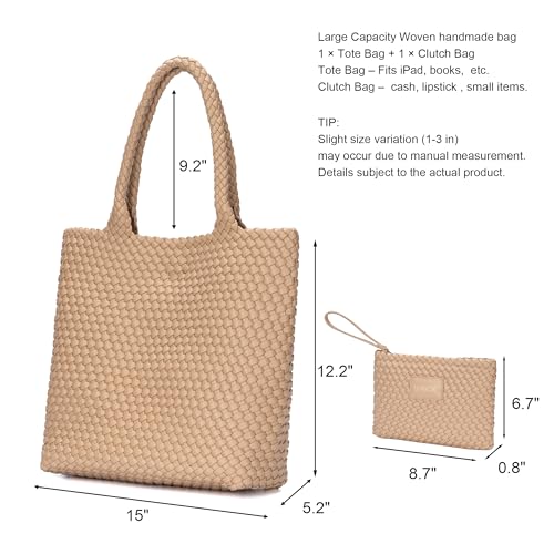 BAGOK Woven Tote Bag for Women, Handwoven Vegan Leather Shoulder Bag with Clutch, Large Tote for Work, Travel & Beach - color: Apricot