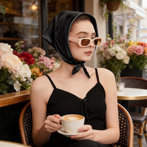 American Trends Women Silk Feeling Scarf Satin Head Scarves Square Wrap Neck Scarf Lightweight Silk Like Bandana - color: 01 Black