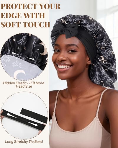 AWAYTR Long Satin Bonnet for Braids - Elastic Silk Hair Bonnets for Sleeping Night Cap Stretchy Tie Band for Women(Star and Moon) - color: Star and Moon