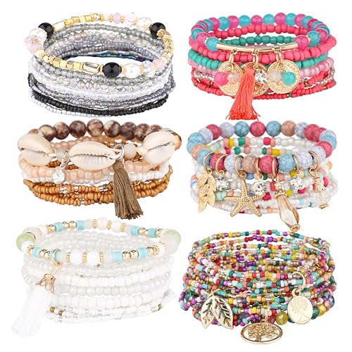 6 sets Bohemian Multilayer tassels bracelet Handmade Wrap Bracelets Bangle Jewelry Bracelets for Women - color: 6PCS-A