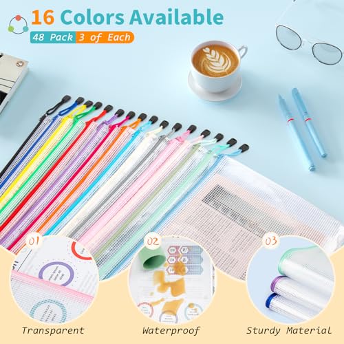 Umriox A4-48P 48pcs Mesh Zipper Pouch Bags, 16 Color, Clear Zipper Pouches for Organizing, Office, Home, Travel - style: A4-48P