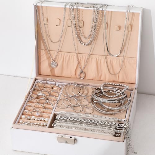 FAXHION 68 Pcs Gold Jewelry Set for Women with 7 Necklace, 17 Bracelet, 5 Hoop Earrings, 15 Stud Earrings, 24 Knuckle Rings for Women Jewelry Set for Women Gift - color: silver jewelry set
