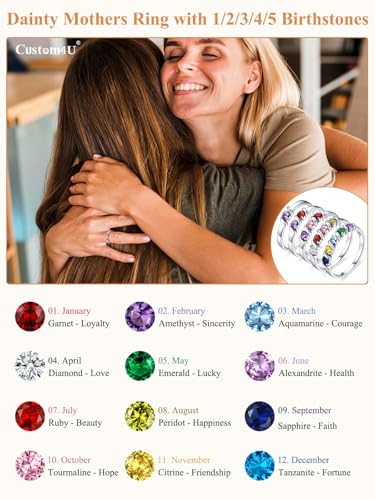 Custom4U Personalized Mothers Ring with 1-5 Birthstones Names Engraved 925 Sterling Silver/14K White Gold Plated Birthstone Rings for Women Promise Ring Birthday Jewelry Gifts for Mom Grandmother Wife - color: 2 Birthstones Ring (Custom)