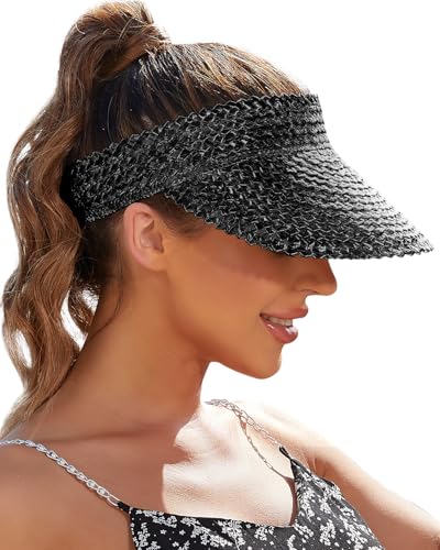 Straw Sun Visors & Hats for Women - Packable Beach Hats, Handmade, Sun Protection - color: Black