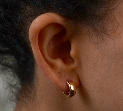 14K Gold Huggie Hoop Earrings (5mm Wide Huggie), Real 14k Gold Hoops - style: Yellow Gold 13mm