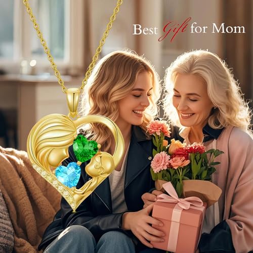 Mothers Day Gifts 14K Yellow Gold Mother Daughter Heart Pendant Necklace with 12 Months Birthstone Birthday Gifts for Mom Anniversarry Jewelry for Mom Wife Girlfriend - color: 03-05-Mar-May Birthstone