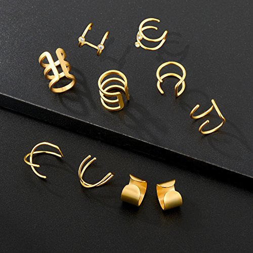 Tornito 4-10 Pairs Stainless Steel Ear Cuff Helix Cartilage Clip On Wrap Earrings Fake Nose Ring Non-Piercing Adjustable - color: A3: 10 Pairs