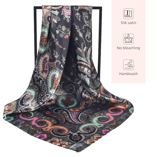 35 x 35 Women's Fashion Pattern Large Square Silk Like Hair Scarf Head Sleeping Wrap Satin Neck Bandana for Gift… - color: Black-buddha Cashew Nut