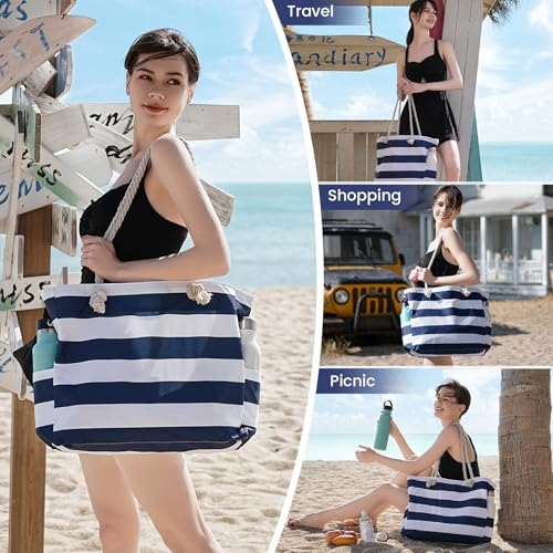 Clothirily Beach Bag for Women - Large Beach Tote Bag, Waterproof Sandproof Beach Bag with Zipper, Large Swim Pool Beach Tote - color: Navy Blue