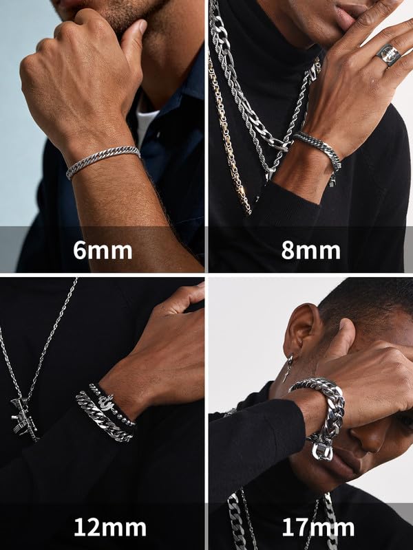 ChainsHouse Stainless Steel Cuban Link Bracelet, 8mm/12mm/17mm Width, 7.5"/8.3"/9", 18K Gold Plated Chain Wrist Bracelets for Men Women, Send Gift Box - color: B: Steel-8mm width