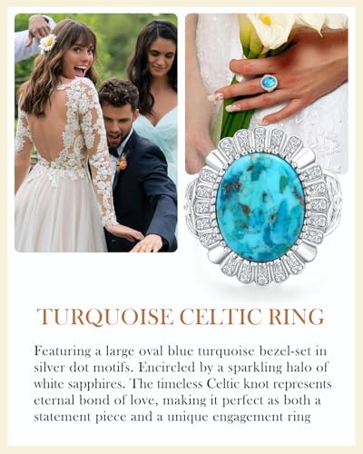 AIBAO 4-12 Ct Large Oval Engagement Rings for Women Natural Turquoise/Lapis Lazuli/Malachite Celtic/Infinity/Love Knot Halo Ring Size 6 to 10 Anniversary Christmas Valentines Gift - style: 7.6 Ct Blue Turquoise & Created White Sapphire