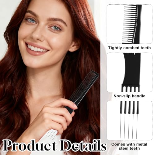 6 PCS Double-Head Parting Teasing Comb, Black Metal Prong Pick Combs Parting for Women Hair Pick Teasing Lifting Fluffing Combs for Styling Salon Fine Thick Thin Hair