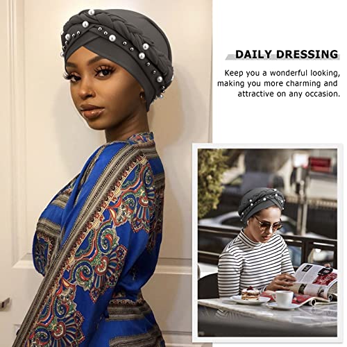 African Women Turban Caps Pre-Tied Twisted Turbans Head Scarf for Women Hair Wraps Cover Beanie Cancer Chemo Headwear - color: 1 Pack Twisted Braid: With Pearls Grey