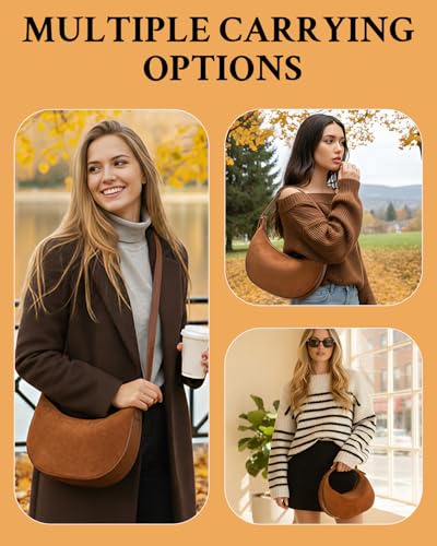 Herald Suede Crossbody Bag for Women, Vintage Hobo Handbag Crescent Shoulder Purses with Adjustable Strap Winter Fall - color: Suede Brown